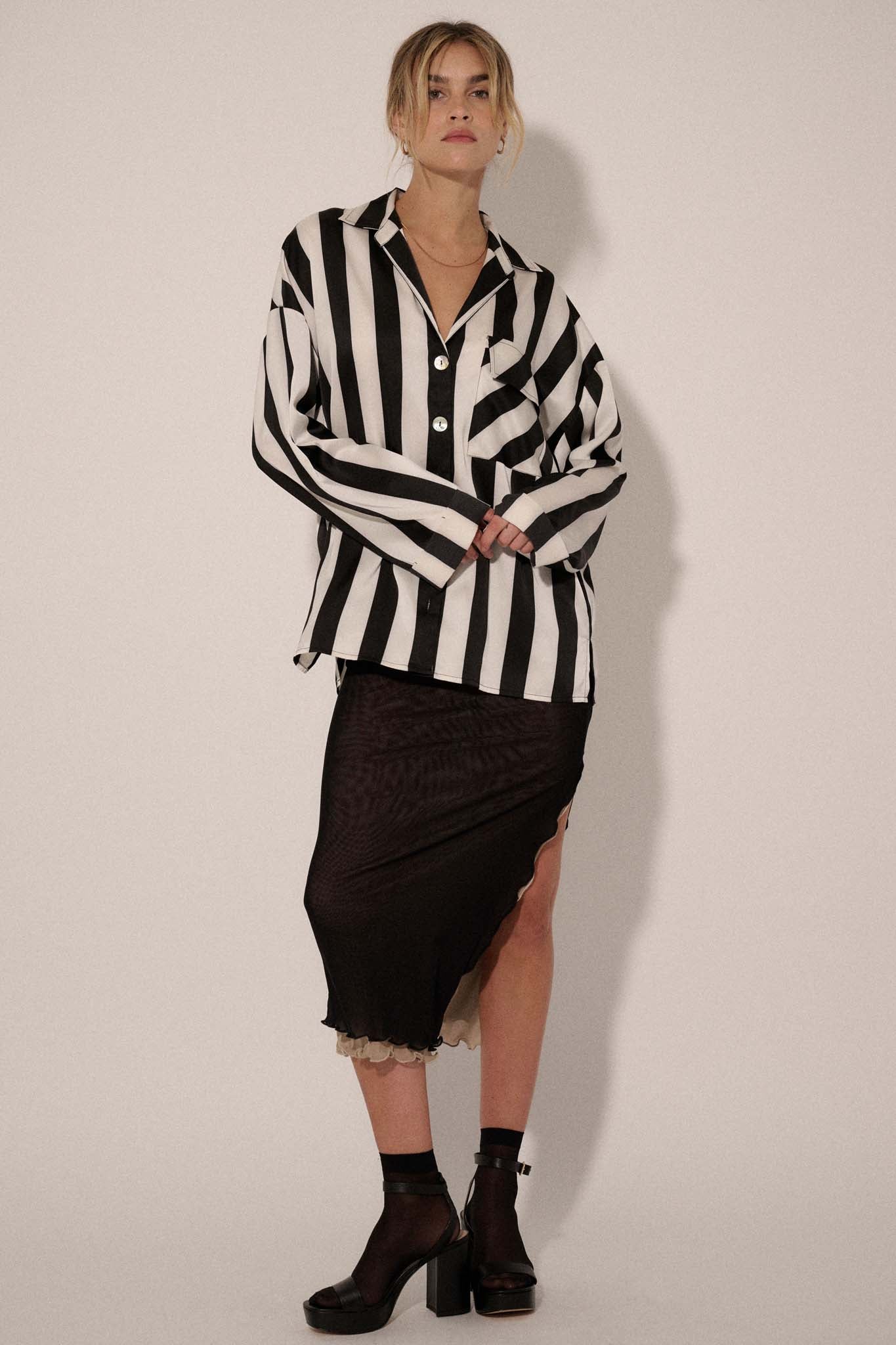 Broad Strokes Striped Satin Button-Up Pocket Shirt - ShopPromesa