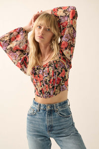 Vivid Blossoms Floral Chiffon Cropped Corset Top - ShopPromesa