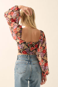 Vivid Blossoms Floral Chiffon Cropped Corset Top - ShopPromesa