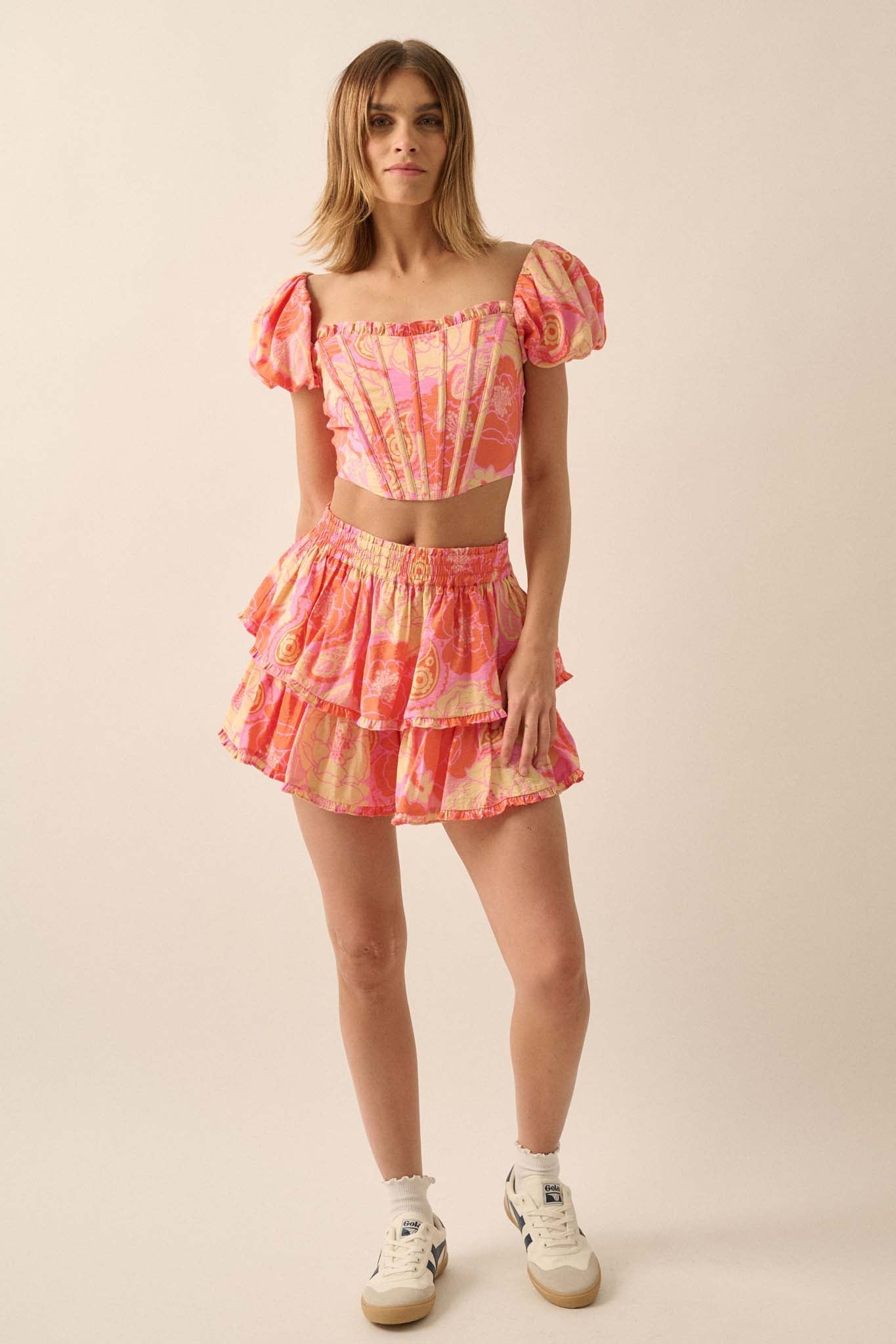 Sweet Sorbet Floral Paisley Puff-Sleeve Corset Top - ShopPromesa