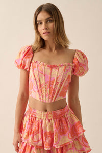 Sweet Sorbet Floral Paisley Puff-Sleeve Corset Top - ShopPromesa