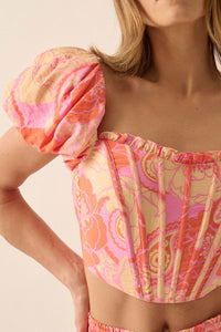 Sweet Sorbet Floral Paisley Puff-Sleeve Corset Top - ShopPromesa