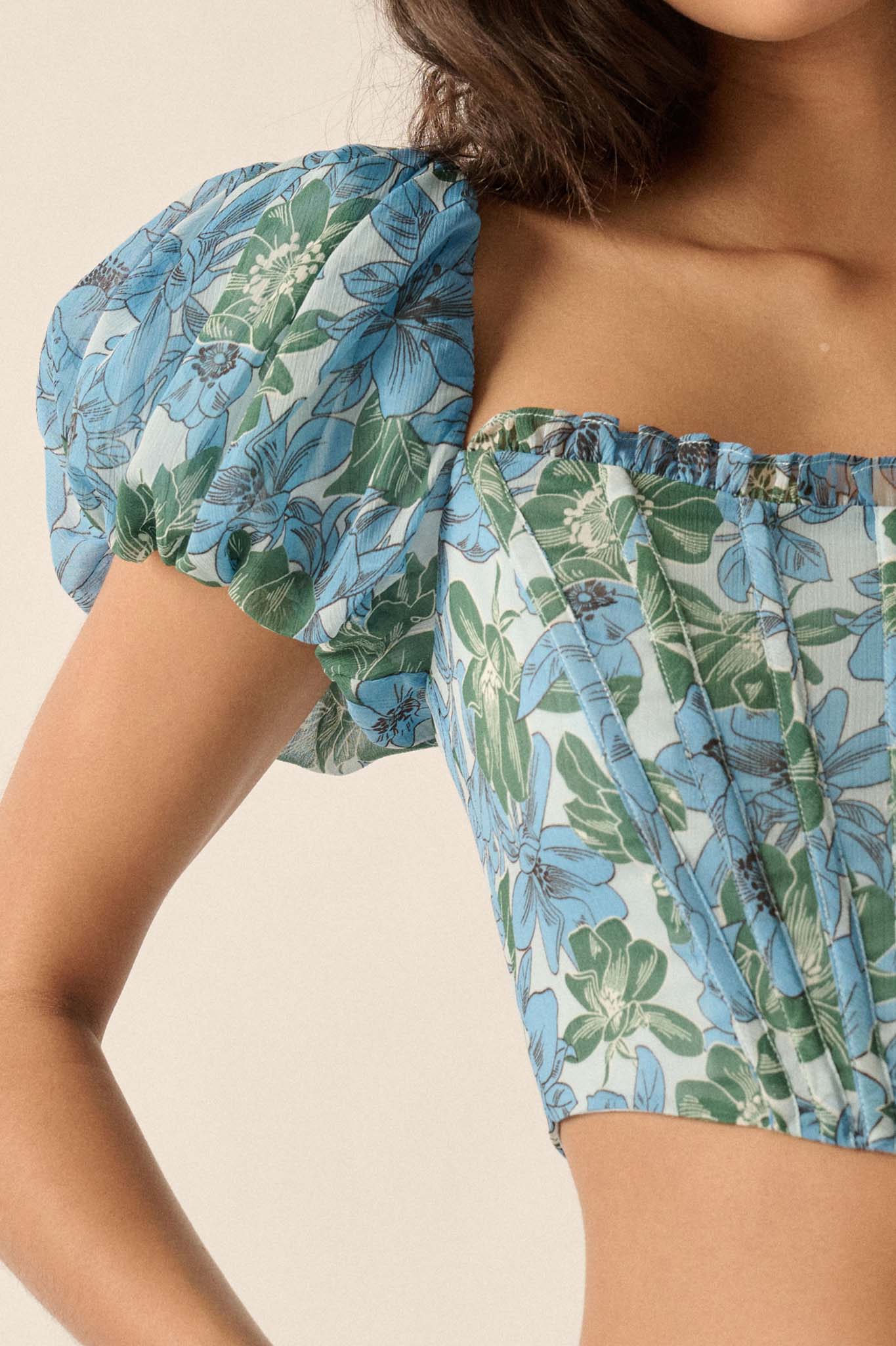 Fiji Feeling Floral Chiffon Puff-Sleeve Corset Top - ShopPromesa