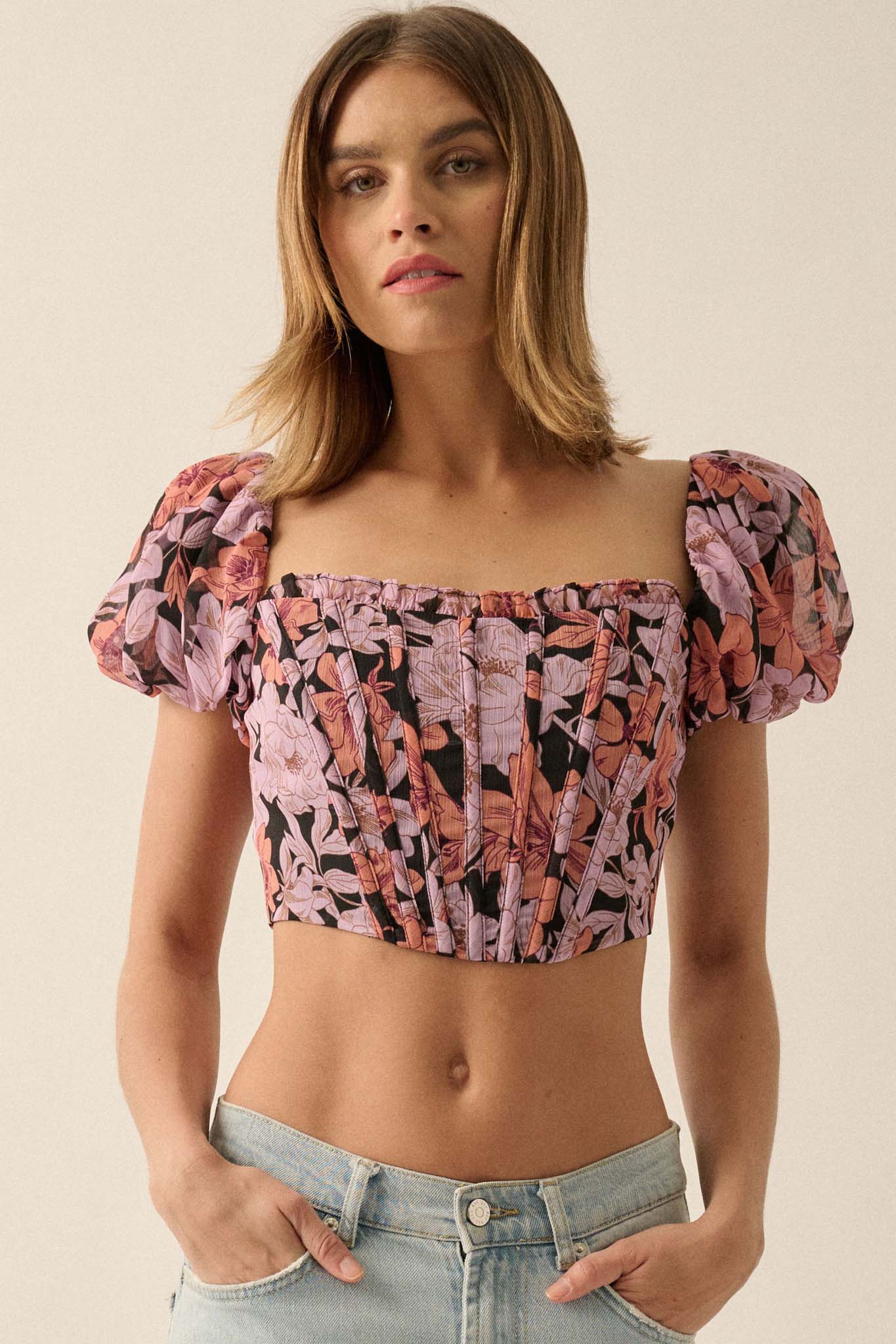 Fiji Feeling Floral Chiffon Puff-Sleeve Corset Top - ShopPromesa