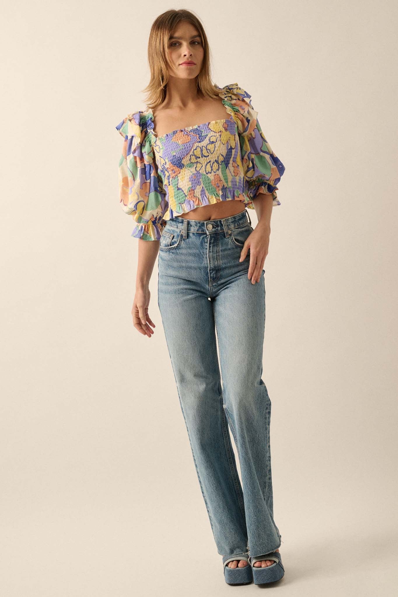 Dainty Dew Smocked Floral Puff-Sleeve Peasant Top - ShopPromesa