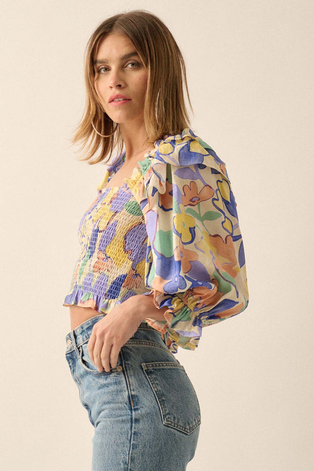 Dainty Dew Smocked Floral Puff-Sleeve Peasant Top - ShopPromesa