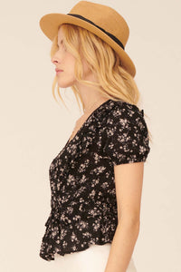 Exquisite Blooms Ruffled Floral Surplice Top - ShopPromesa