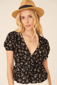 Exquisite Blooms Ruffled Floral Surplice Top - ShopPromesa