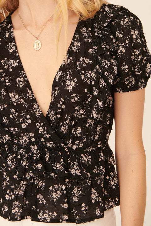 Exquisite Blooms Ruffled Floral Surplice Top - ShopPromesa