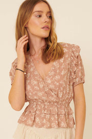 Exquisite Blooms Ruffled Floral Surplice Top - ShopPromesa