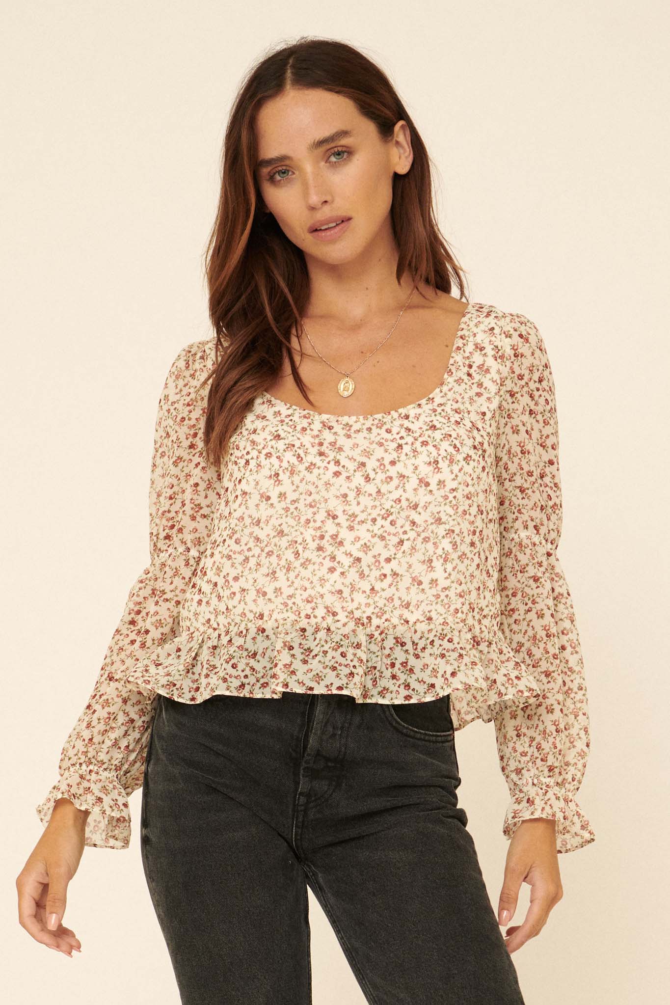 Grow Your Own Way Floral Chiffon Peasant Top - ShopPromesa