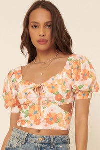 New Dawn Floral Puff-Sleeve Cutout Crop Top - ShopPromesa