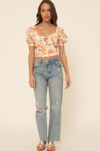 New Dawn Floral Puff-Sleeve Cutout Crop Top - ShopPromesa