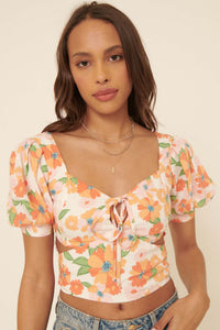 New Dawn Floral Puff-Sleeve Cutout Crop Top - ShopPromesa