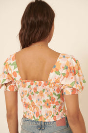 New Dawn Floral Puff-Sleeve Cutout Crop Top - ShopPromesa