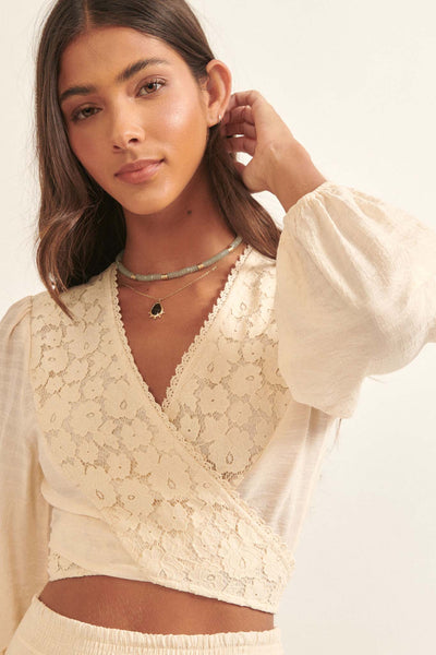Spring to Life Lace-Trimmed Cropped Wrap Top - ShopPromesa