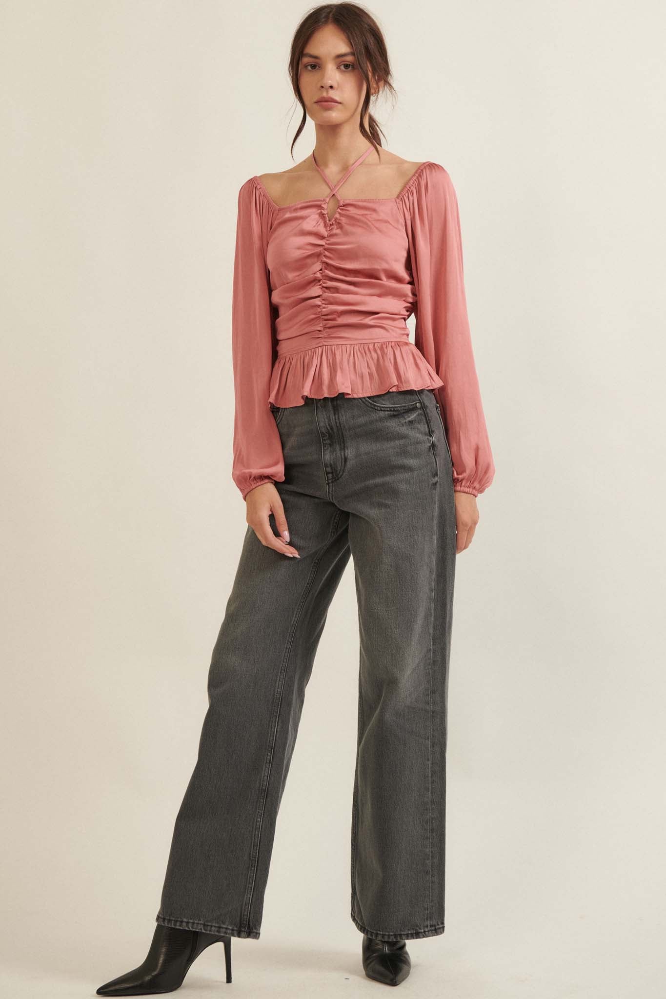 Tiny Dancer Matte Satin Ruched Peasant Top - ShopPromesa