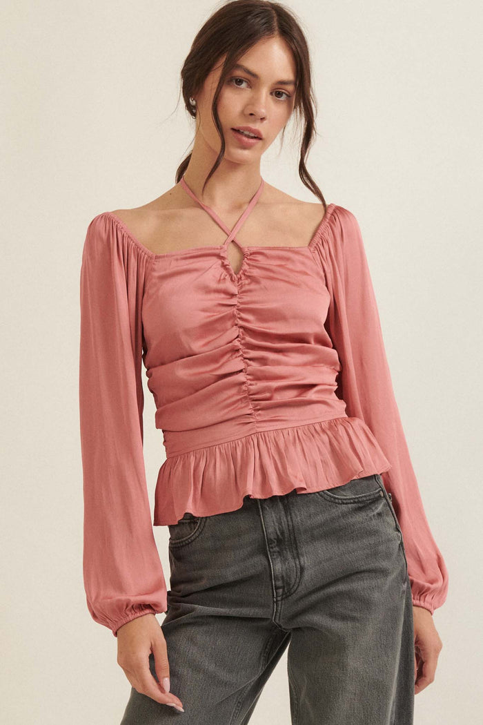 Tiny Dancer Matte Satin Ruched Peasant Top - ShopPromesa