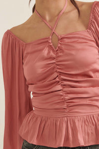 Tiny Dancer Matte Satin Ruched Peasant Top - ShopPromesa