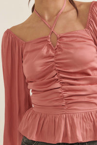 Tiny Dancer Matte Satin Ruched Peasant Top - ShopPromesa