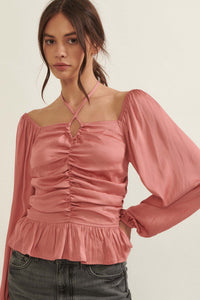 Tiny Dancer Matte Satin Ruched Peasant Top - ShopPromesa