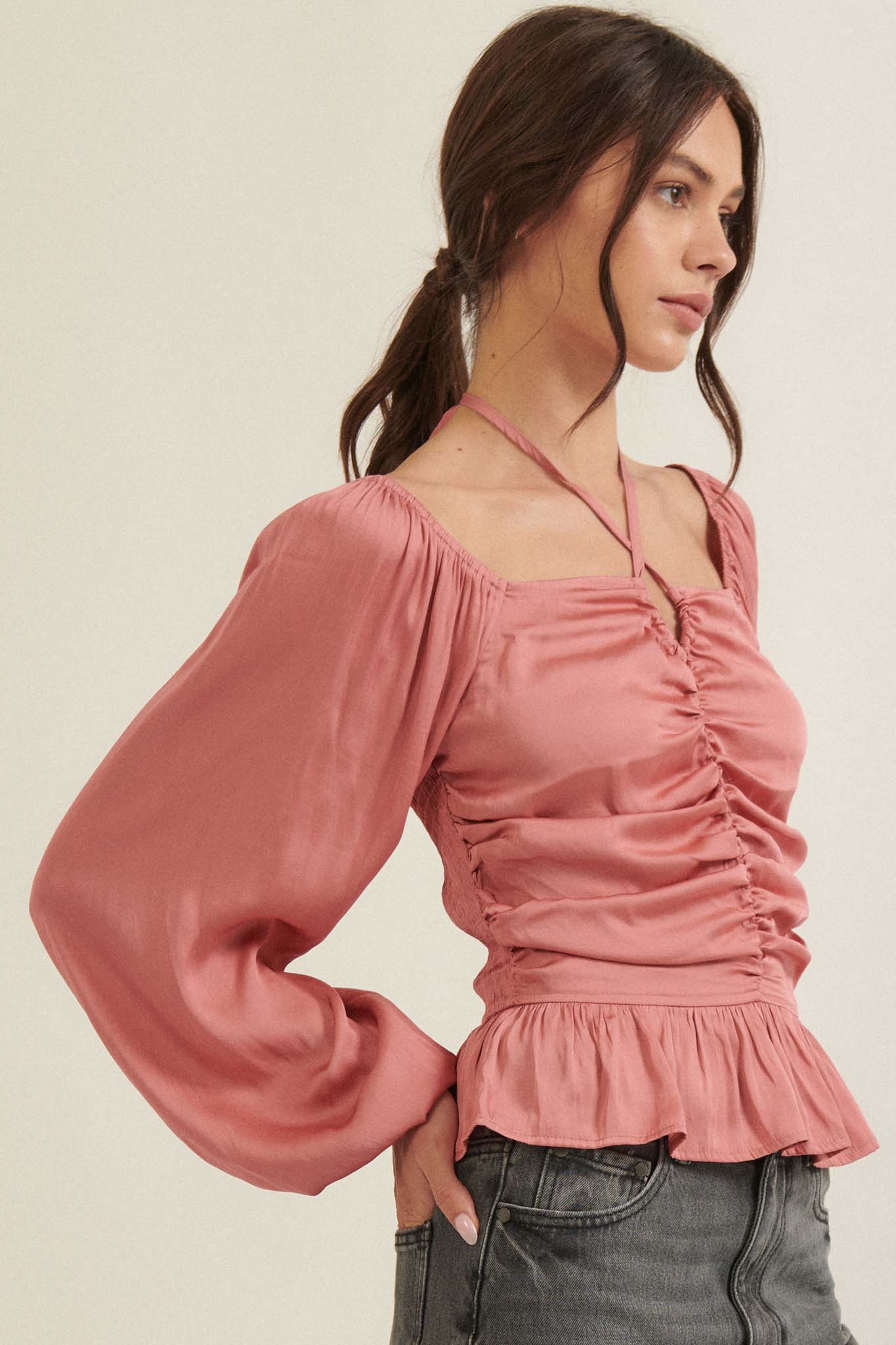 Tiny Dancer Matte Satin Ruched Peasant Top - ShopPromesa