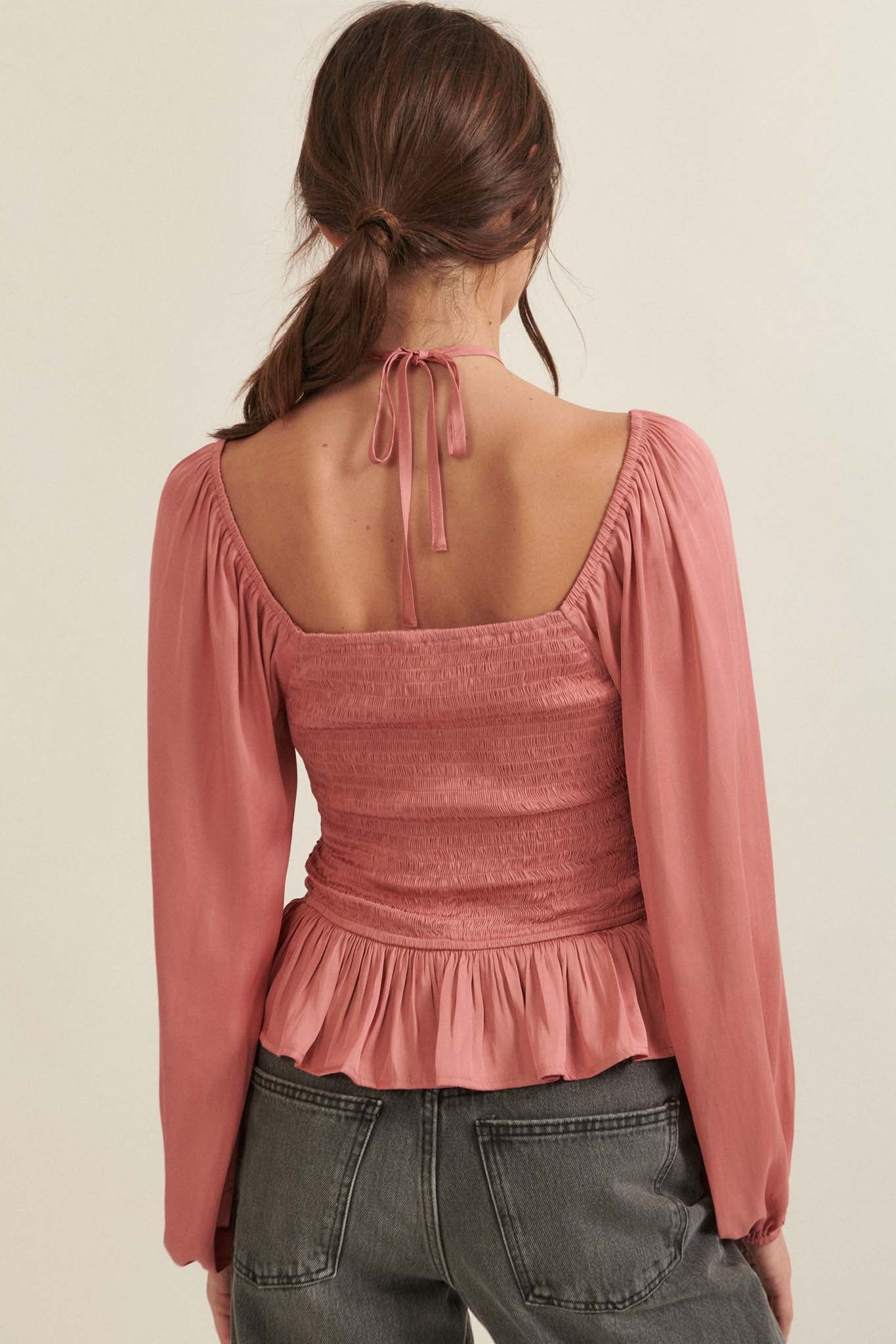 Tiny Dancer Matte Satin Ruched Peasant Top - ShopPromesa