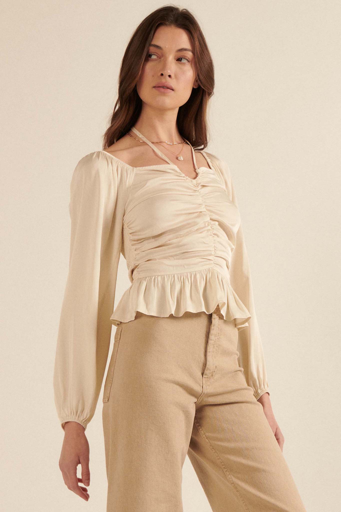 Tiny Dancer Matte Satin Ruched Peasant Top - ShopPromesa