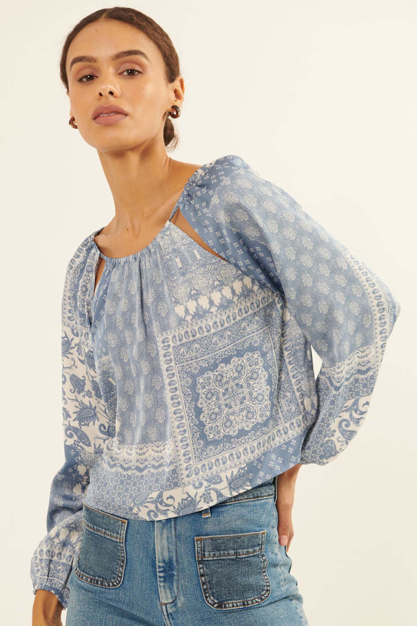 Bandana Split Patchwork-Print Peasant Top - ShopPromesa