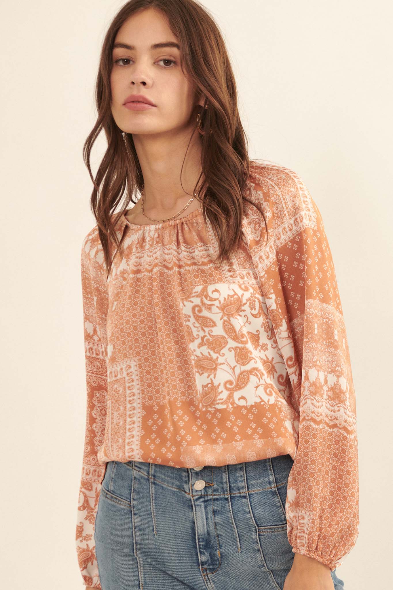 Bandana Split Patchwork-Print Peasant Top - ShopPromesa