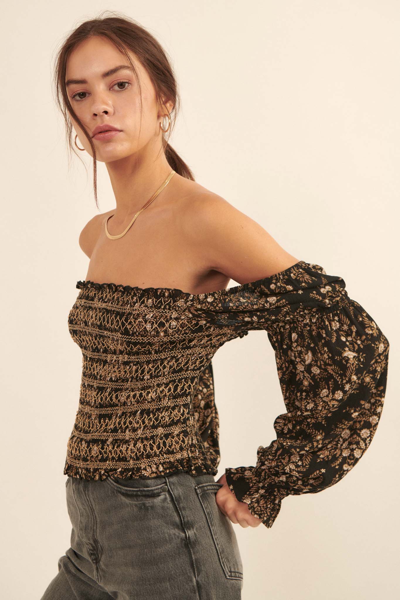 Exotic Winds Smocked Floral Peasant Top - ShopPromesa