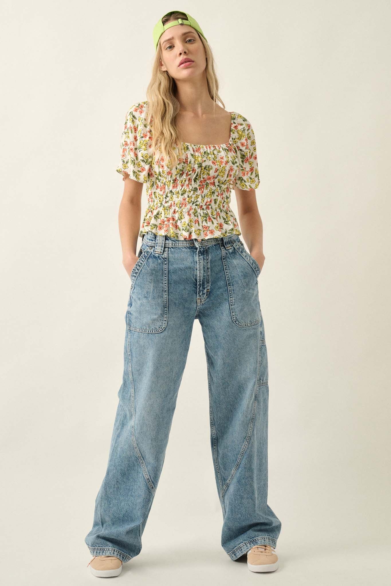 Blooming Joy Floral Lace-Up Peasant Top - ShopPromesa