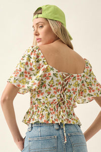 Blooming Joy Floral Lace-Up Peasant Top - ShopPromesa