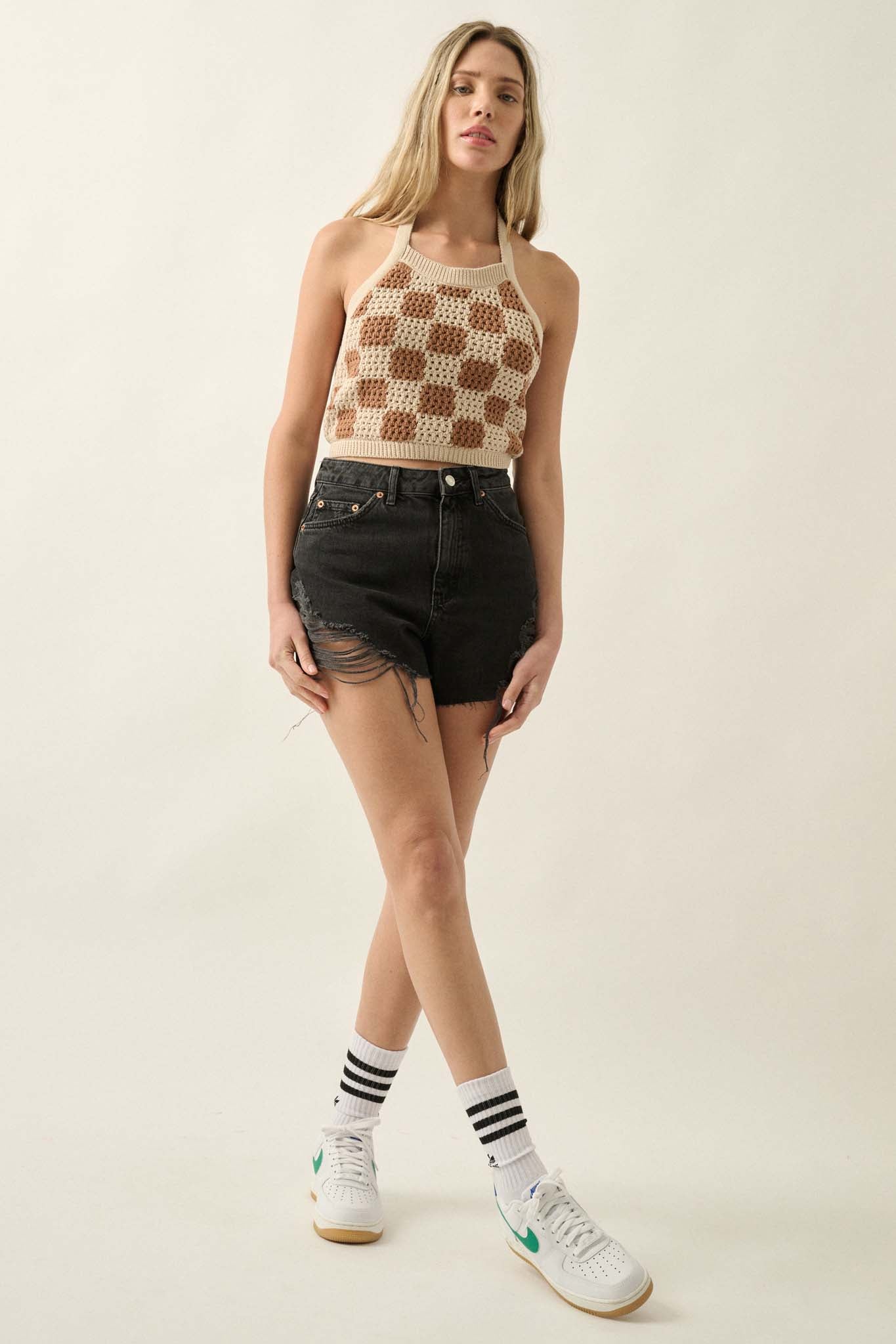 Check Yourself Checker Crochet Knit Halter Top - ShopPromesa