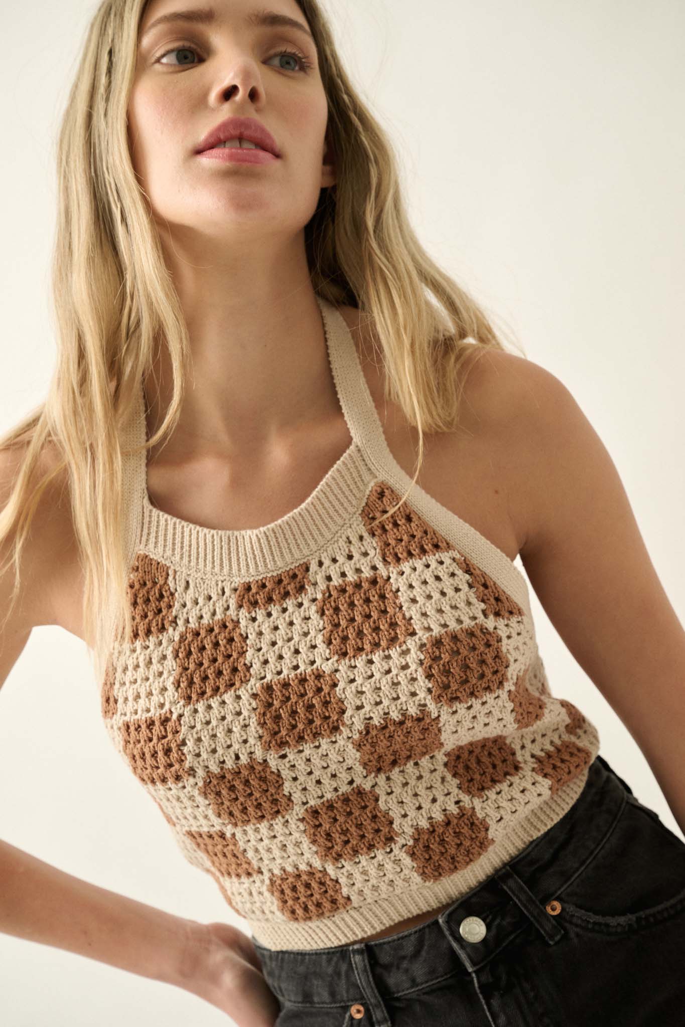 Check Yourself Checker Crochet Knit Halter Top - ShopPromesa