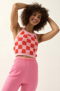 Check Yourself Checker Crochet Knit Halter Top - ShopPromesa