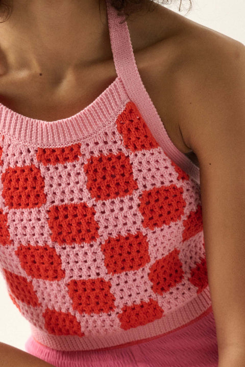 Check Yourself Checker Crochet Knit Halter Top - ShopPromesa