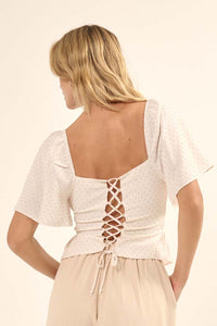 Point in Time Lace-Up Swiss Dot Peasant Top - ShopPromesa