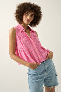 Lovely Day Tiered Ruffle Sleeveless Button-Up Top - ShopPromesa