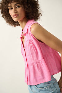 Lovely Day Tiered Ruffle Sleeveless Button-Up Top - ShopPromesa