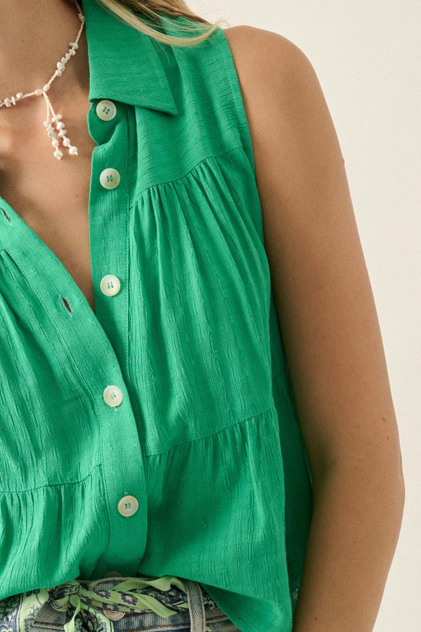 Lovely Day Tiered Ruffle Sleeveless Button-Up Top - ShopPromesa