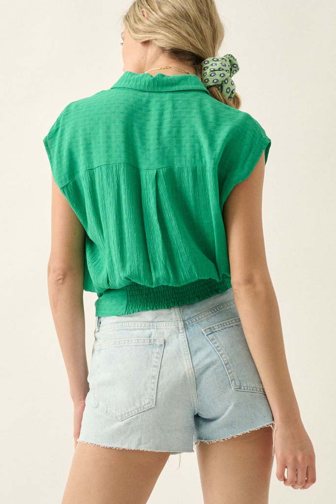 Make My Day Jacquard Sleeveless Button-Up Top - ShopPromesa