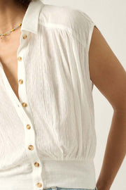 Make My Day Jacquard Sleeveless Button-Up Top - ShopPromesa