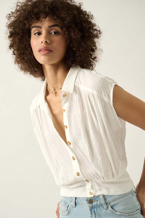 Make My Day Jacquard Sleeveless Button-Up Top - ShopPromesa