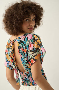 Cancún Sun Floral Chiffon Open-Back Crop Top - ShopPromesa