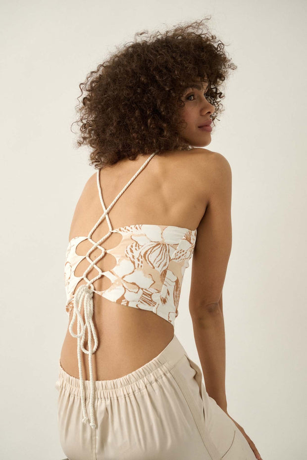 Honolulu Hideaway Floral Lace-Up Back Halter Top - ShopPromesa