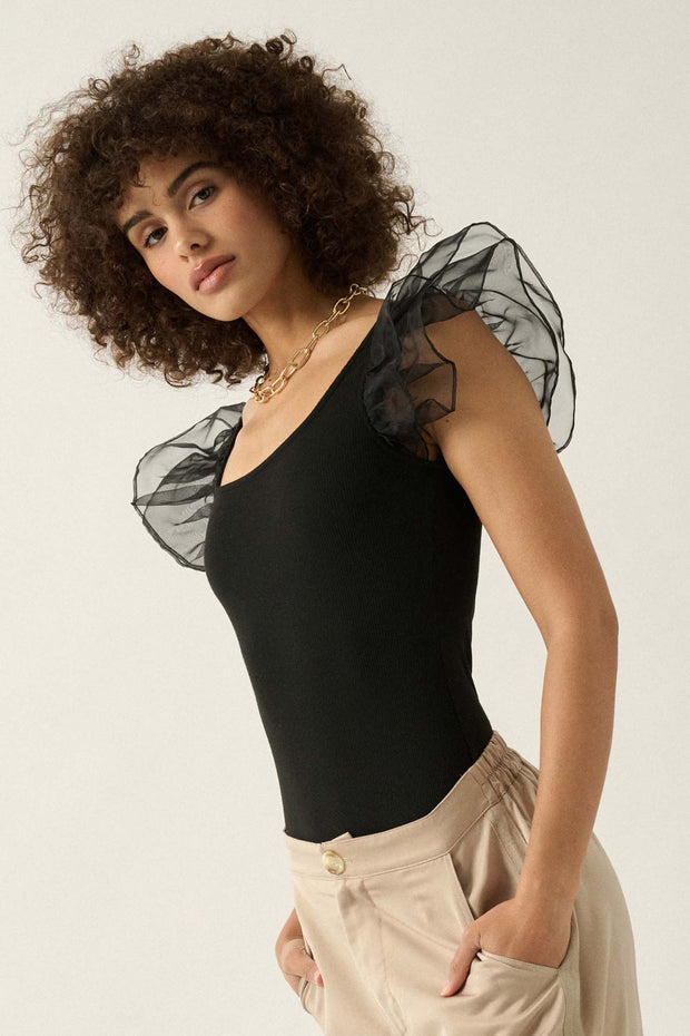Angel Eyes Ruffle Sleeve Rib-Knit Bodysuit - ShopPromesa