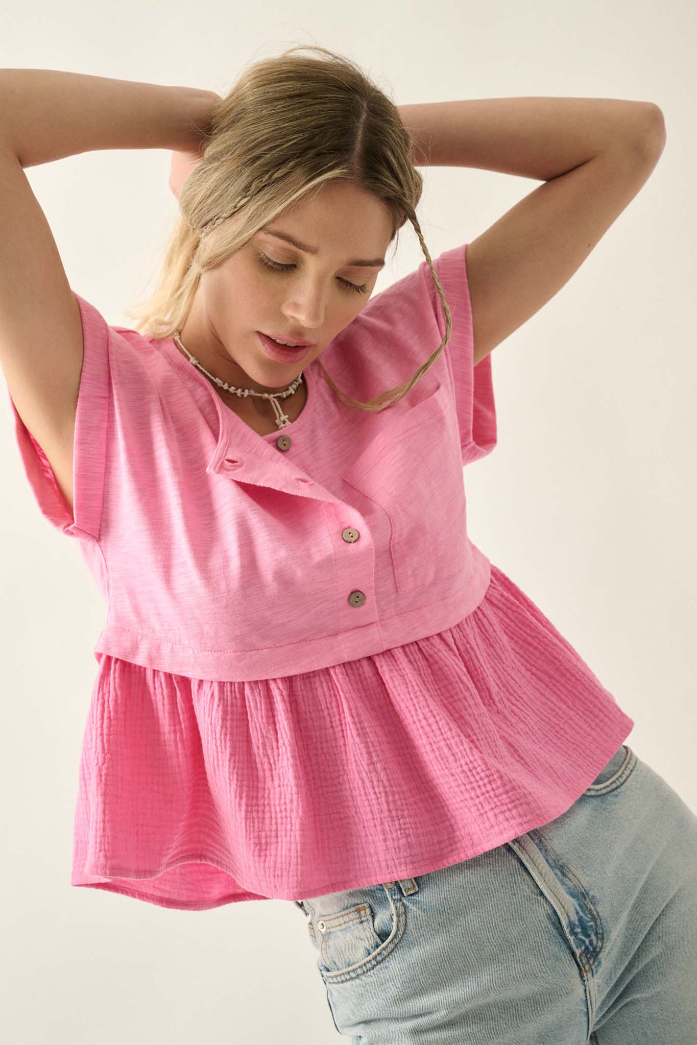 Open Air Cotton Pocket Henley Babydoll Top - ShopPromesa