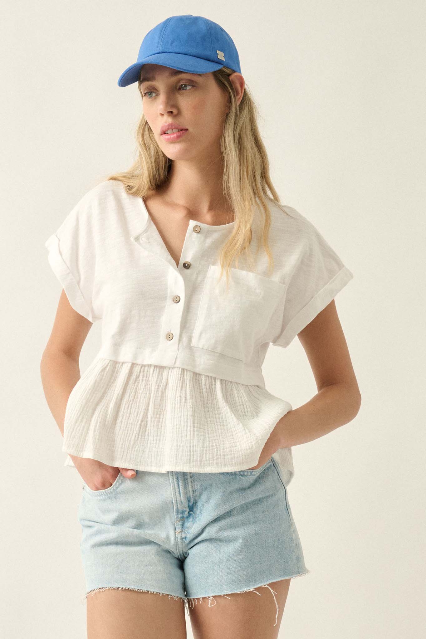 Open Air Cotton Pocket Henley Babydoll Top - ShopPromesa