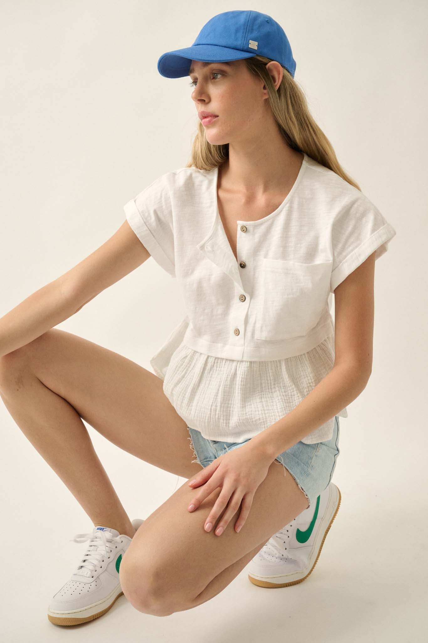 Open Air Cotton Pocket Henley Babydoll Top - ShopPromesa